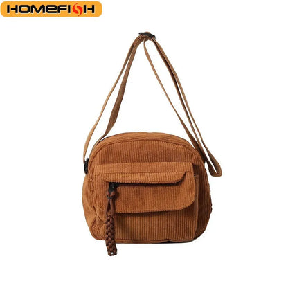 Homefish Corduroy Crossbody Bag Women Casual Style Zipper Closure Adjustable Strap Multi Pockets