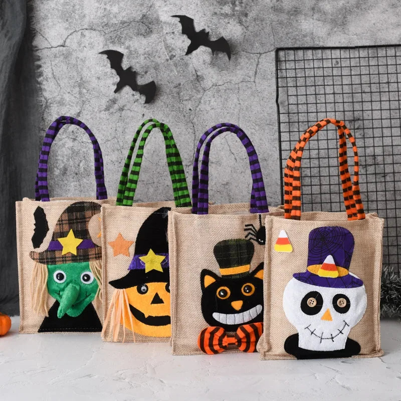 Halloween Linen Tote Bag – Trick or Treat Candy Bag with Fun Graphics