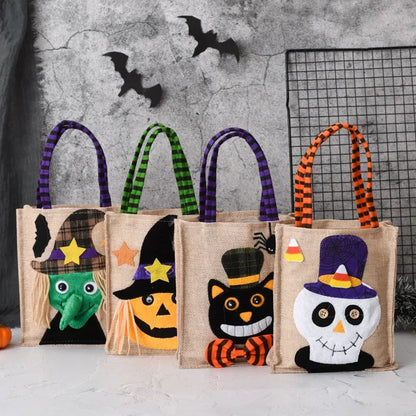 Halloween Linen Tote Bag – Trick or Treat Candy Bag with Fun Graphics