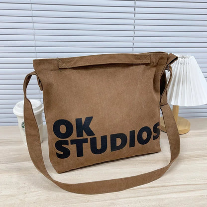 Washed Canvas Tote Shoulder Bag – Korean Style Women's Handbag