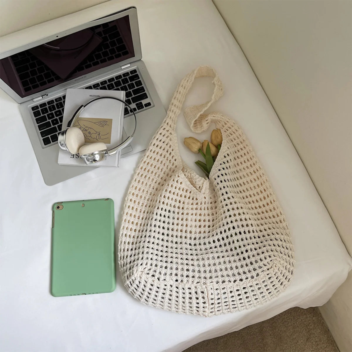 Minimalist Leisure Crochet Shoulder Bag Beach Hollow Women Handbag Solid Color Woven Totes Summer