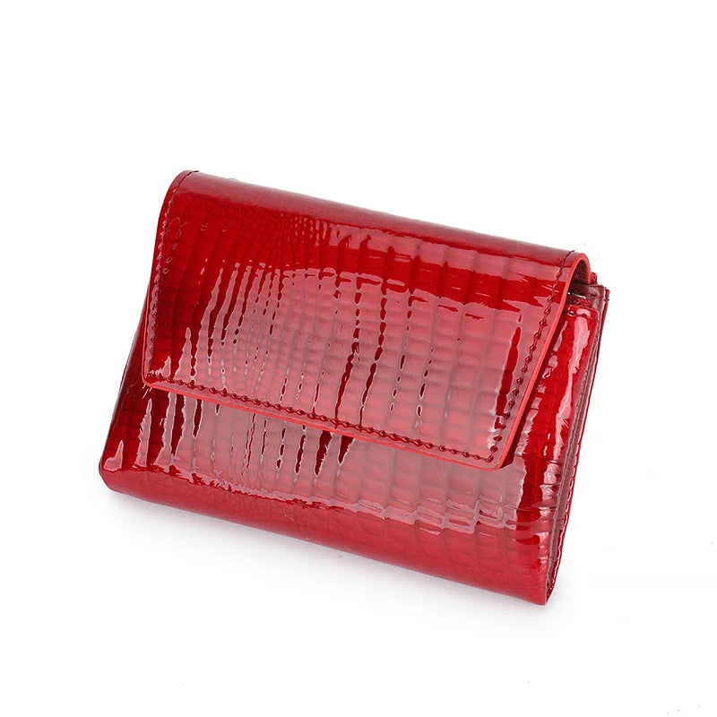 Glossy Genuine Leather Short Wallet Women High-End Lacquered Magnetic Buckle Wallet
