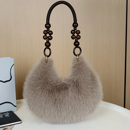 Fluffy Faux Fur Tote Bag with Wooden Bead Handle