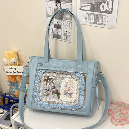 Y2k Pu Luxury Large Ita Bag Insert Women Big Clear Window Shoulder Anime Pin Display Girl Bow
