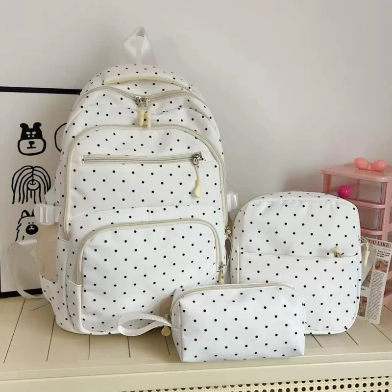 Nylon Polka Dot Backpack Set Stationery Storage Multi Compartment Girls Zipper Closure Student Gifts