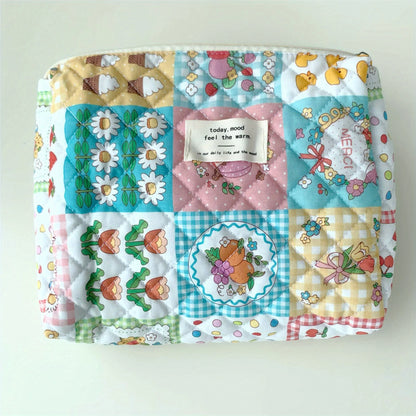 Colorful Aesthetic Makeup Bag – Quilted Zipper Cosmetic Pouch