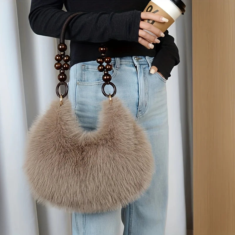 Fluffy Faux Fur Tote Bag with Wooden Bead Handle