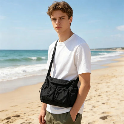 Black Nylon Crossbody Bag – Multi-Pocket Drawstring