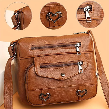 PU Leather Crossbody Bag – Women's Multi-Pocket Shoulder Bag with Heart Detail