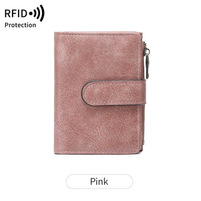 Rfid Anti-Theft Brush Women S Purse Multi-Card Simple Three-Fold Retro Short Clasp