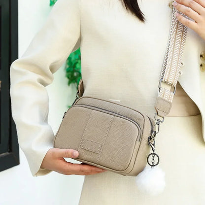Genuine Leather Women's Crossbody Bag with Fur Charm