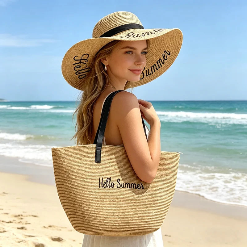 Summer Large Brim Sun Protection Hat Beach Vacation Travel Large Capacity Handbag Shoulder Bag