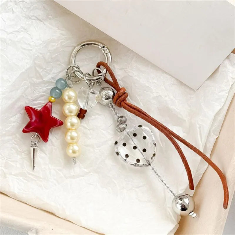 Pearl & Leather Keychain Charm – Boho Star Heart Bead Accessory
