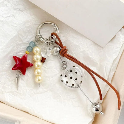 Pearl & Leather Keychain Charm – Boho Star Heart Bead Accessory
