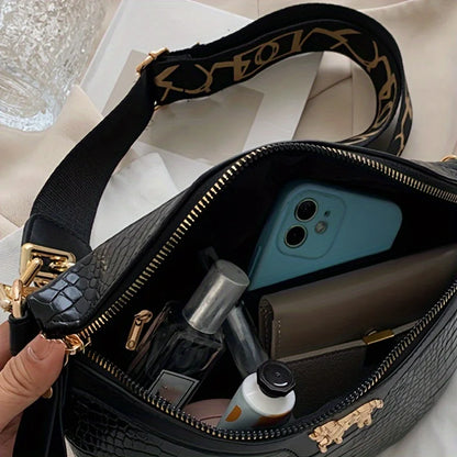 Crocodile Pattern PU Leather Crossbody Bag with Gold Chain Strap
