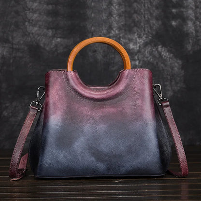 Vegetable-Tanned Genuine Leather Women S Bag Hand-Painted Retro Color-Blocking Hand-Held Crossbody