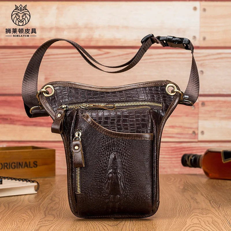 Cowhide Men S Motorcycle Leg Bag Retro Crocodile Pattern Real Leather Motorcycle Riding Waist Strap