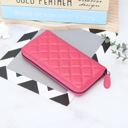 Leather Purse Women S Long Large Capacity Sheepskin Embroidered Diamond Check Zipper Wallet Mobile