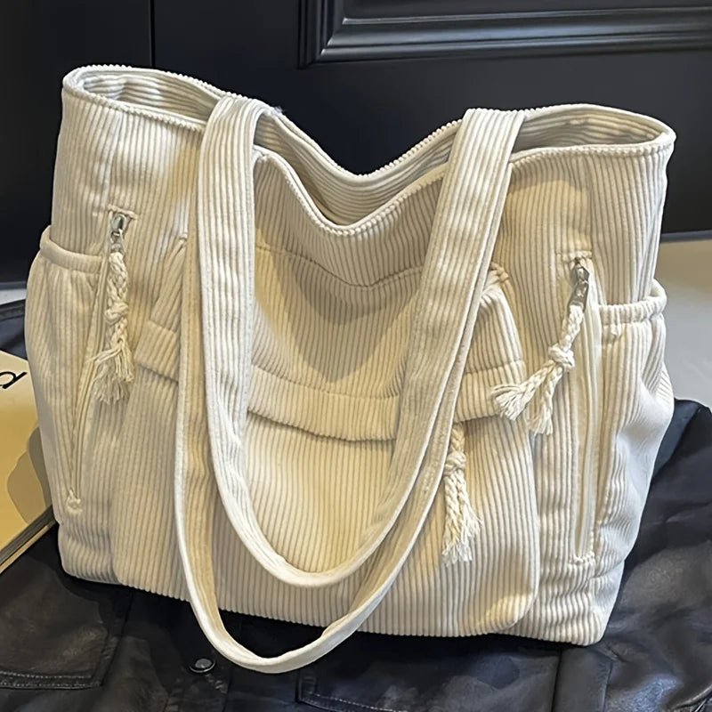 Corduroy Tote Bag for Women – Large Capacity Multi-Compartment Shoulder Bag