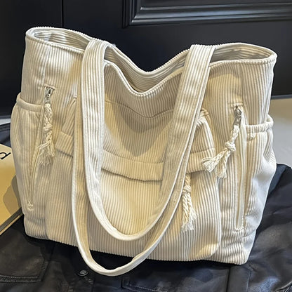 Corduroy Tote Bag with Multi Pockets & Tassel Zippers