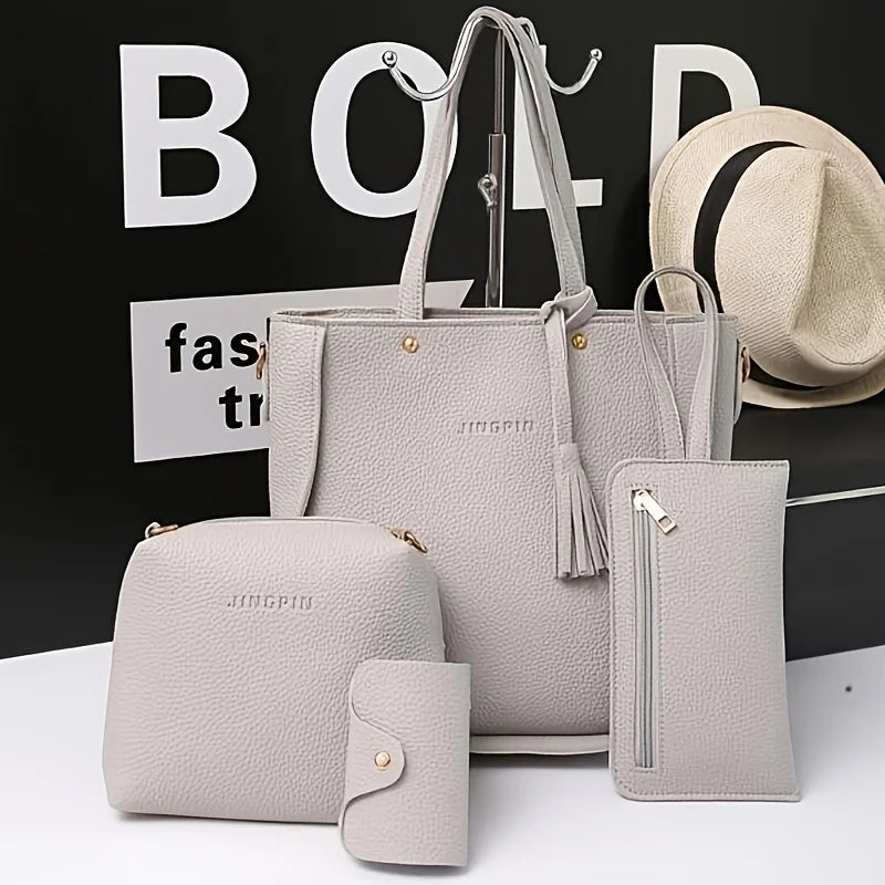 4-Piece Women's Leather Tote Handbag Set with Crossbody & Wallet