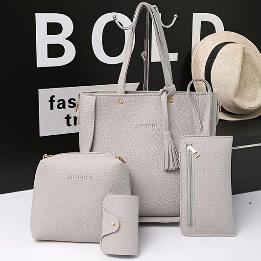4-Piece Women's Leather Handbag Set – Tote, Crossbody & Wallet