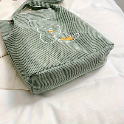 Women's Corduroy Tote Bag Cute Bear Embroidery Shoulder Bag