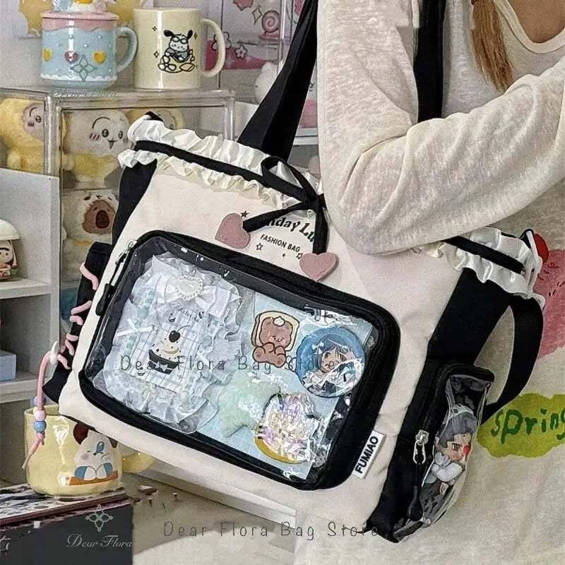 Lace Bow Ita Bag – Y2K Kawaii Crossbody with Transparent Window