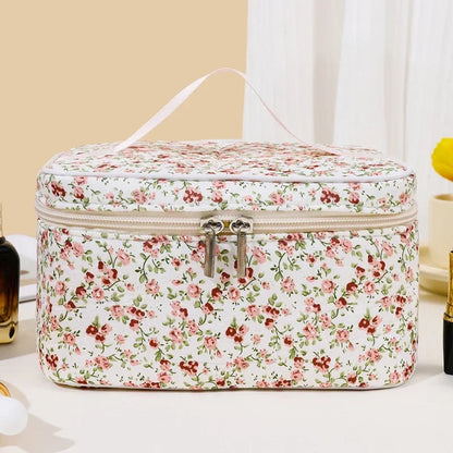Women Cotton Makeup Bags Vintage Cosmetic Case Flower Large Capacity Tote Portable Storage Handbag