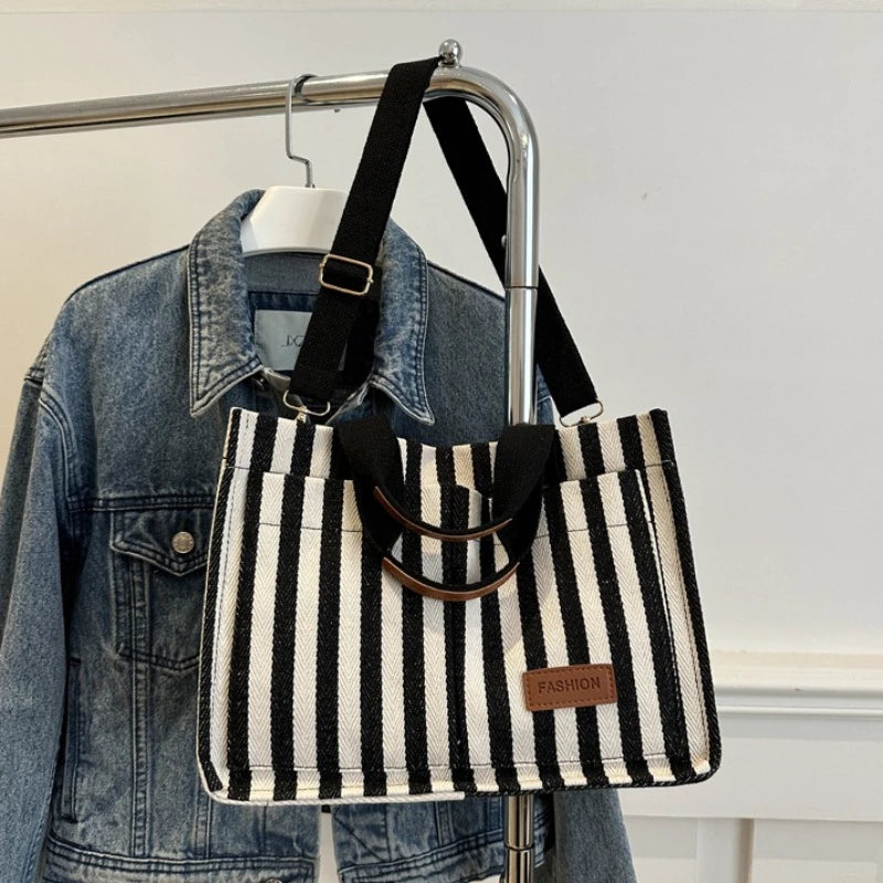 Striped Canvas Tote Bag – Lightweight Shoulder Bag for Work & Daily Use