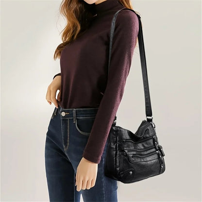 Soft Vegan Leather Crossbody Bag with Multi-Zipper Pockets