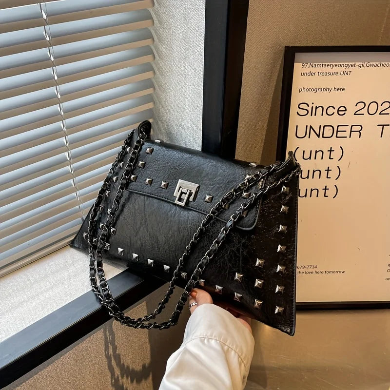 Rivet Chain Shoulder Bag Vintage Studded Leather Purse