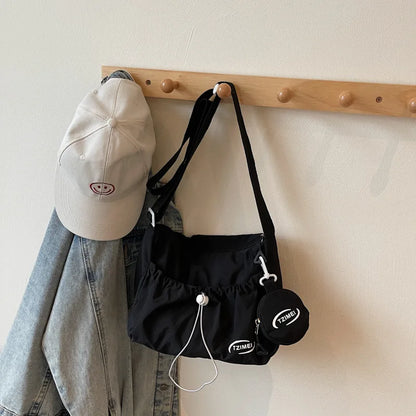 Nylon Drawstring Shoulder Bag with Detachable Mini Pouch