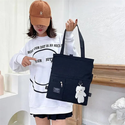 Cute Canvas Tote Bag Bear Pendant Stylish Bucket Crossbody Bag