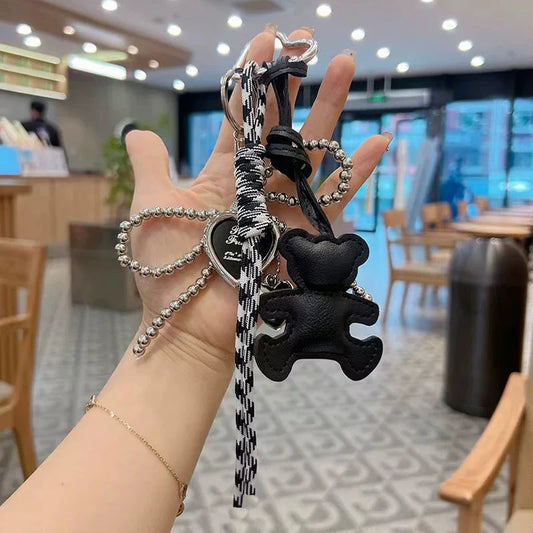 Y2K Bear Leather Keychain with Bow & Heart Charm