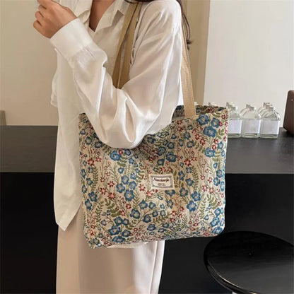 Floral Canvas Tote Bag with Blossom Pattern