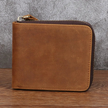 Crazy Horse Leather Men S Zipper Wallet Vertical Style Genuine Leather Cowhide Retro Handmade Change