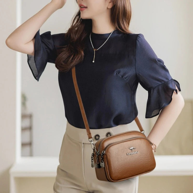 Faux Leather Crossbody Bag for Women – Multi-Zip Shoulder Purse