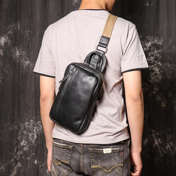 Men S Oil-Leather Chest Bag Genuine Leather Women S Single-Shoulder Small Backpack