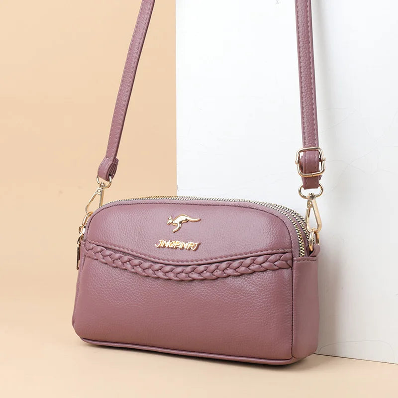 PU Leather Crossbody Bag for Women – Triple Zipper with Braid Detail