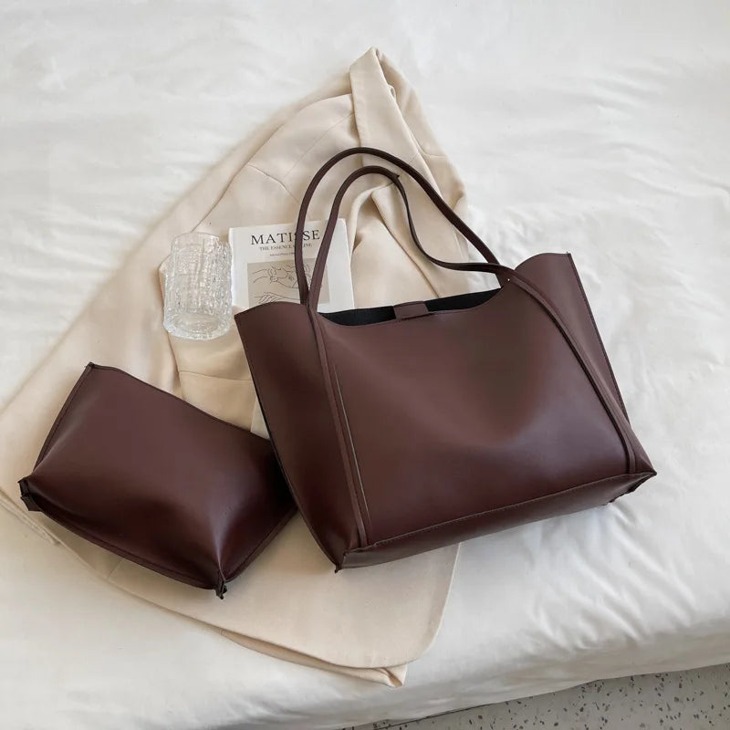 Large Capacity Tote Bag with Inner Pouch – Faux Leather