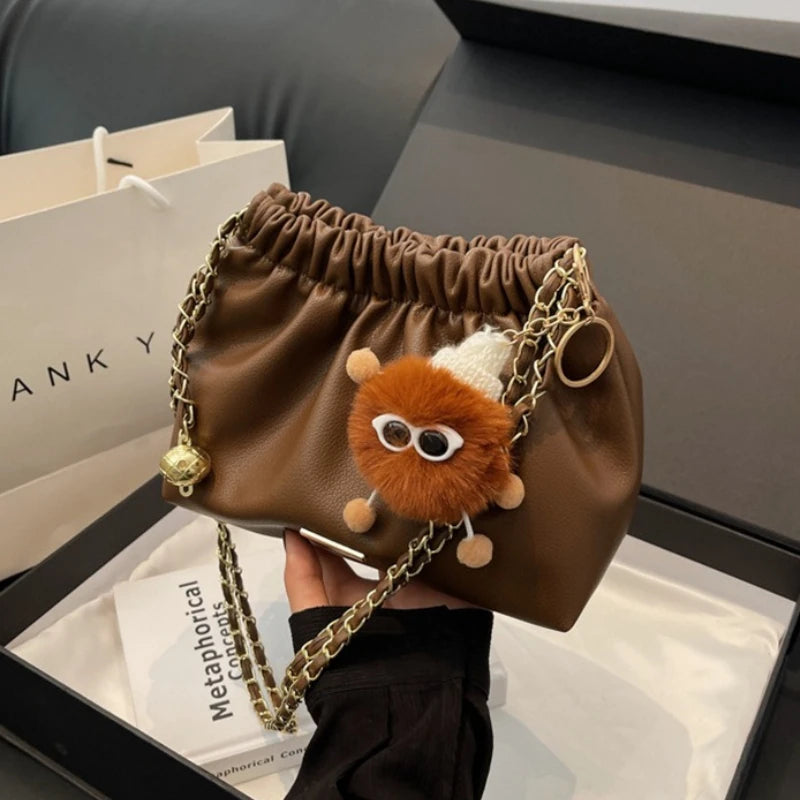Ruched Woman Crossbody Bags Cute Fluffy Monster Bag Charm Two Tone Metal Chain Strap Faux Leather