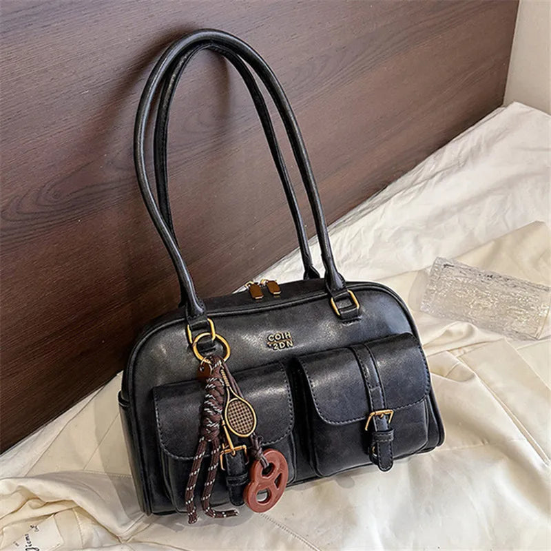 Multi-Pocket PU Leather Shoulder Bag with Decorative Charm
