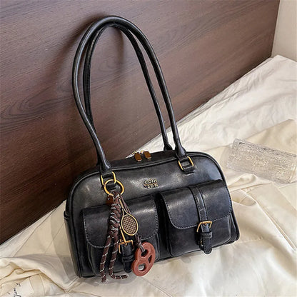 Multi-Pocket PU Leather Shoulder Bag with Decorative Charm