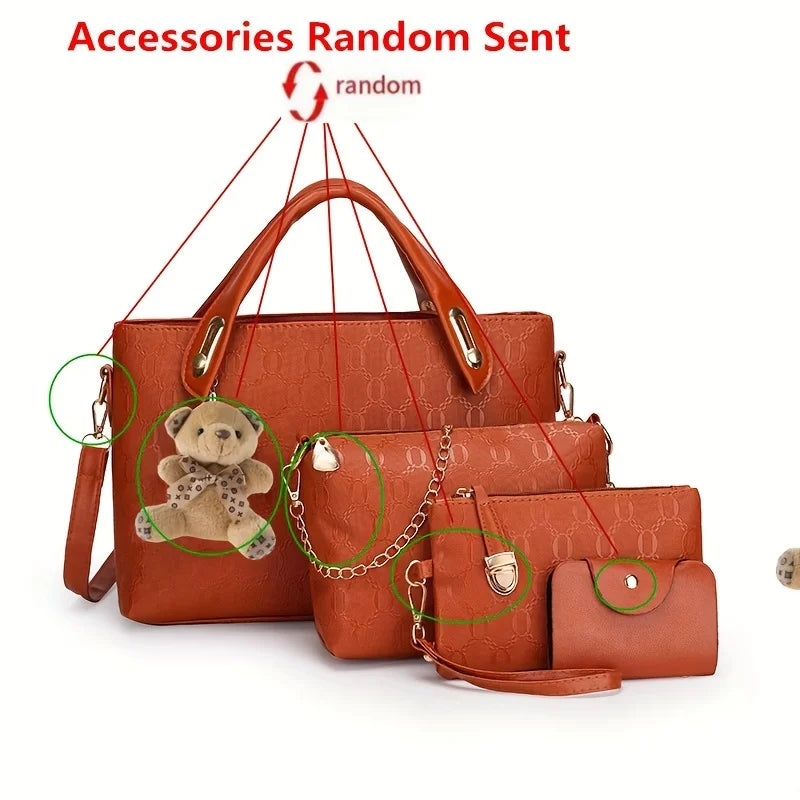 4-Piece Women's Geometric Pattern Handbag Set with Crossbody & Clutch