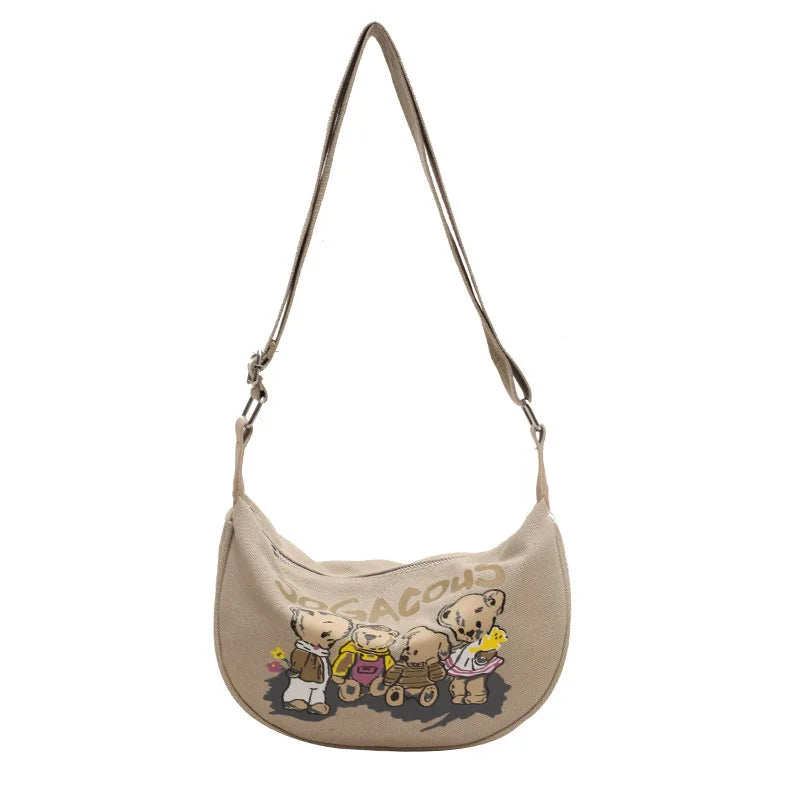 Crossbody Bag Girls Trendy Cartoon Teddy Bear Saddle Bag Large Capacity Fashionable Canvas Dumpling