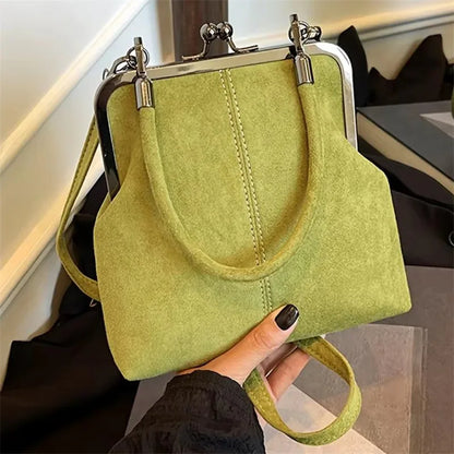 Vintage Suede Crossbody Bag with Kiss-Lock Closure