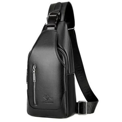Business Casual Men Chest Bag Usb Port Multi-Pocket Pu Stitched Luster Zipper Shoulder Commute