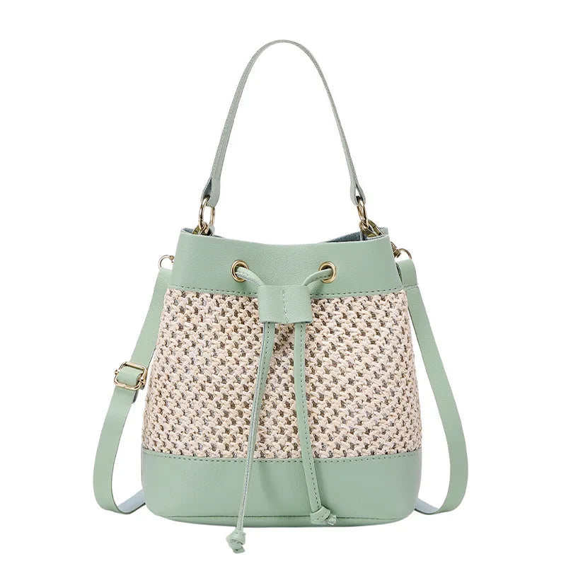Faux Leather Straw Crossbody Bags Drawstring Closure