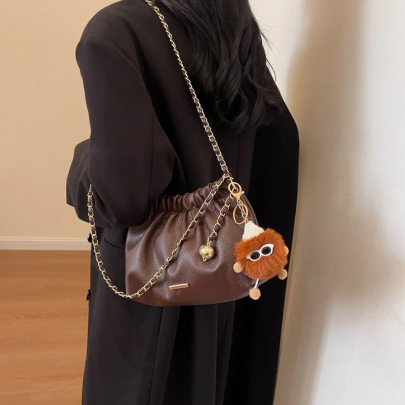 Ruched Woman Crossbody Bags Cute Fluffy Monster Bag Charm Two Tone Metal Chain Strap Faux Leather
